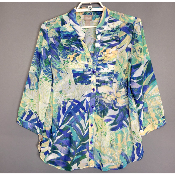 Chicos Button Front Top Blouse Womens Chicos 1 (M-8) Blue Floral Leaf V-Neck - Picture 2 of 13